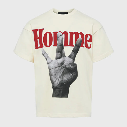 HOMME FEMME TWISTED FINGERS CREAM WITH RED AND BLACK T SHIRT