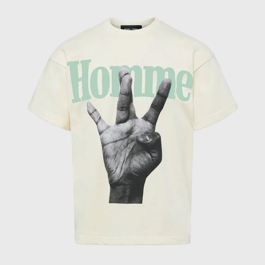 HOMME FEMME TWISTED FINGERS CREAM WITH GREEN T SHIRT